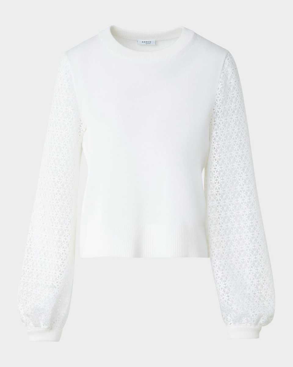 Mixed-Media Daisy Guipure Blouson-Sleeve Knit Sweater